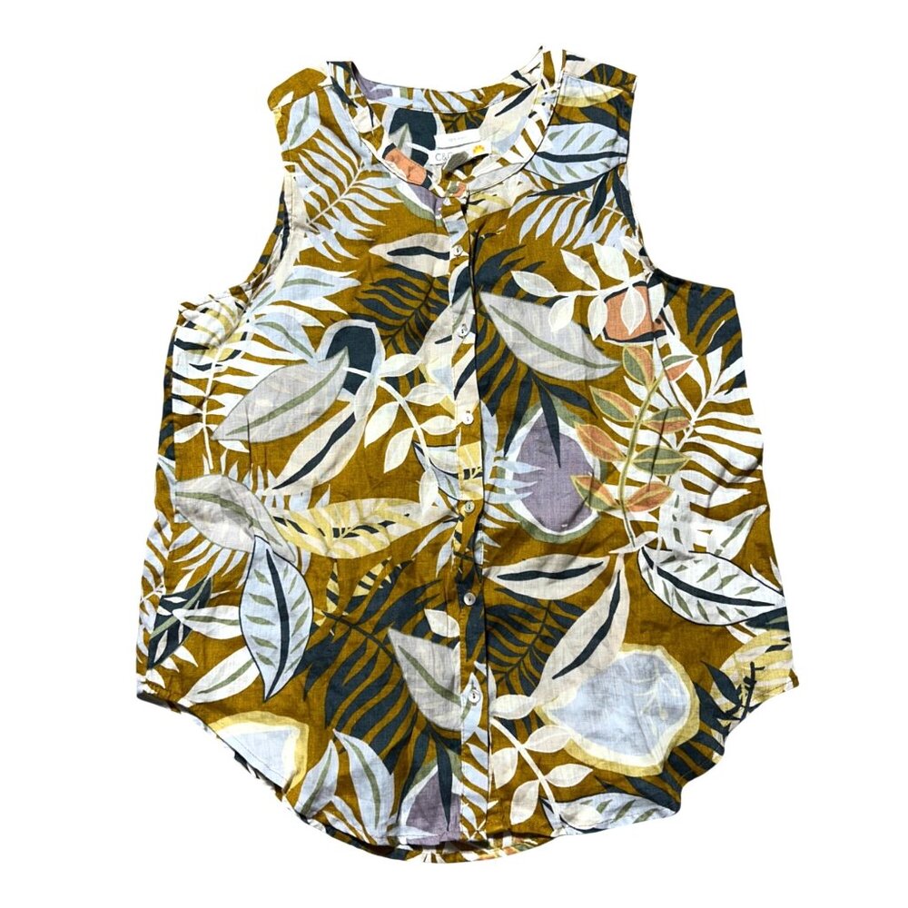 C&C California Women's Sz L Sleeveless Button-Down Top Leaf Print 100% Linen